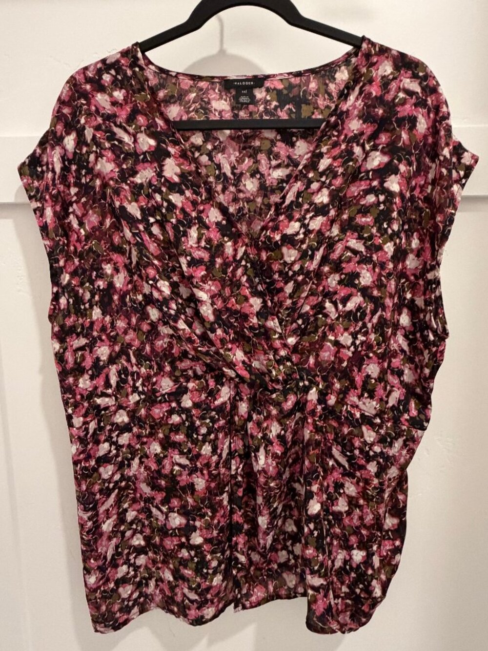 Halogen XXL Floral Wrap Blouse Pink Black Twist Front Short Sleeve Top